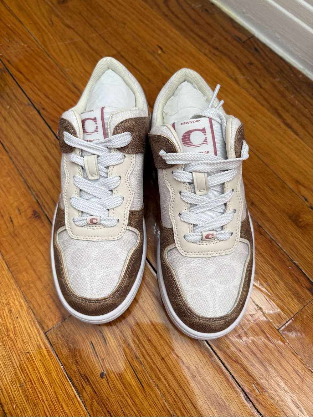 Coach Pink, Cream & Brown Signature Low-Top Sneakers